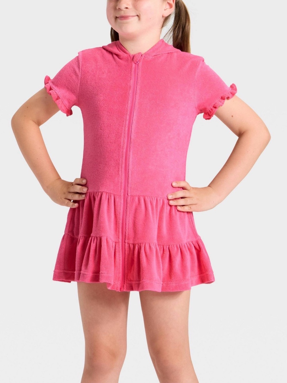Cat & Jack Girls Pink Hooded Terry Swim Cover-Up with Ruffle Skirt